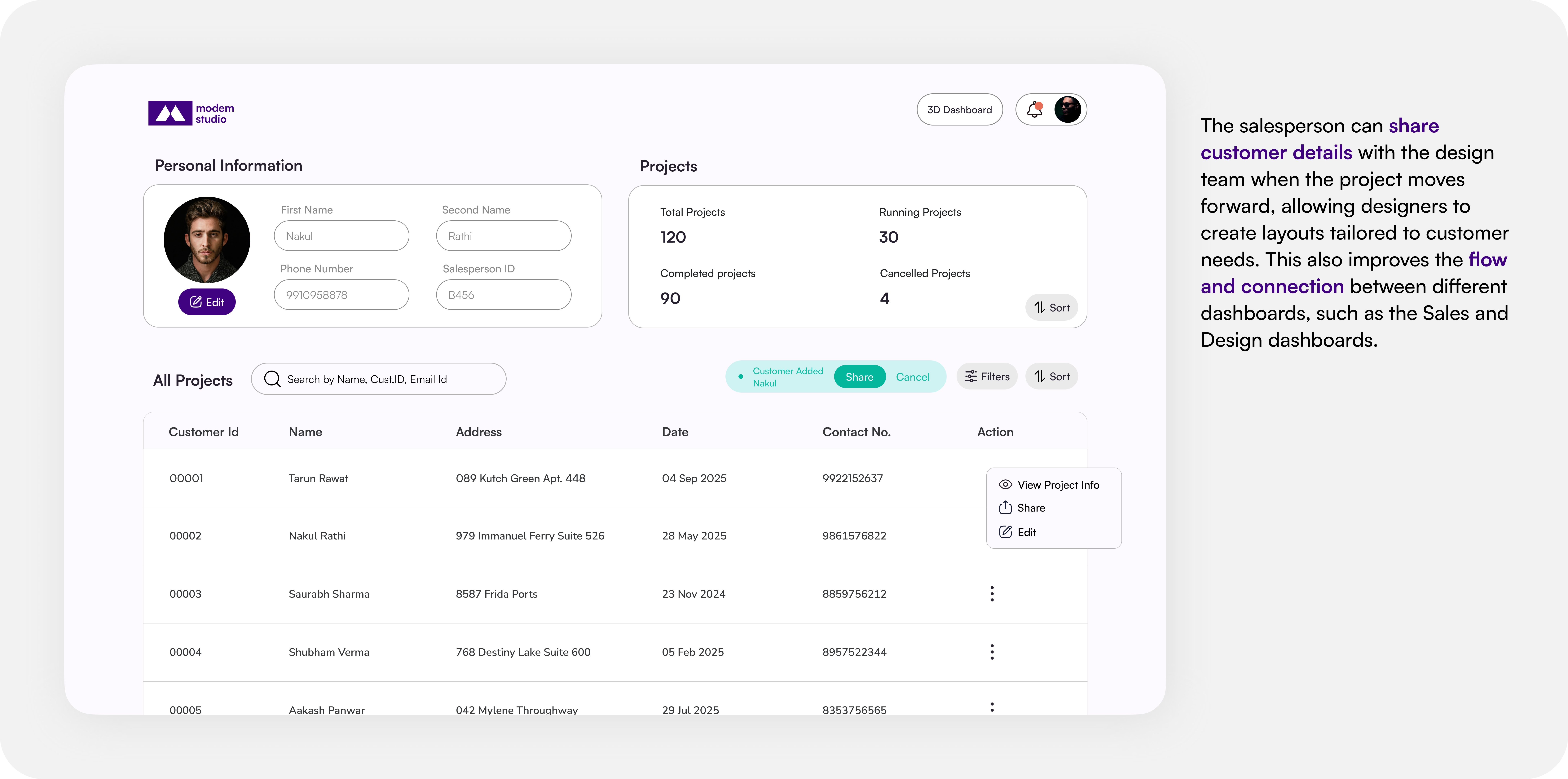 Salesperson profile and project list