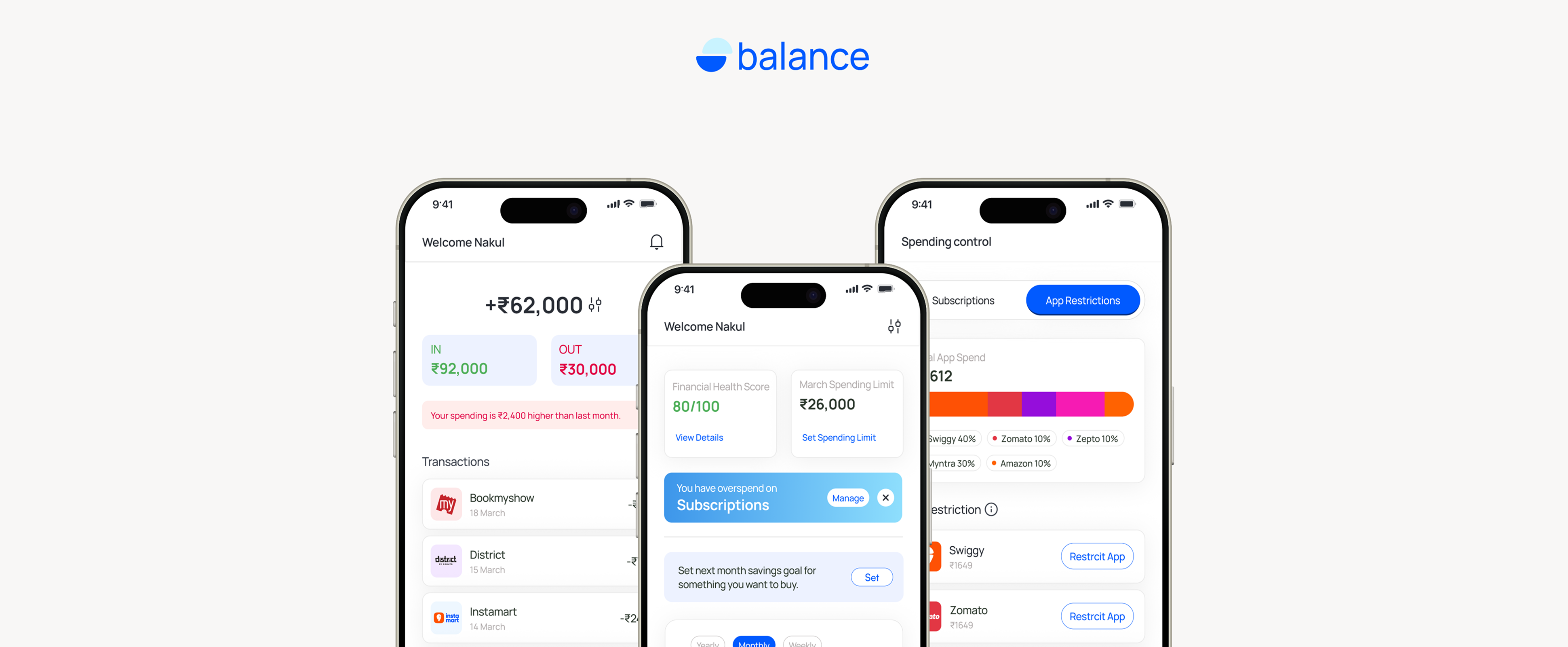 Balance finance app shown on three mobile screens